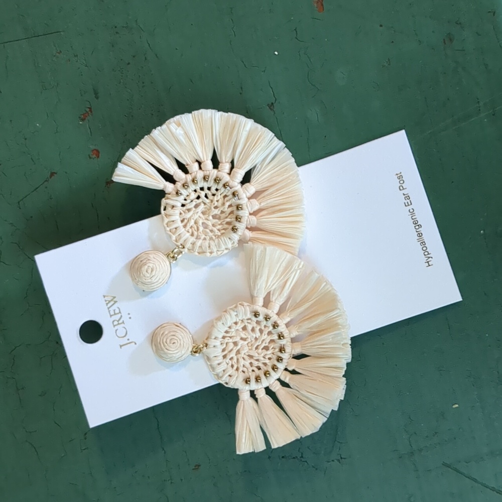 NWT J. Crew Fan Statement Earrings, Raffia Boho Beachy J.Crew Factory - Picture 6 of 6